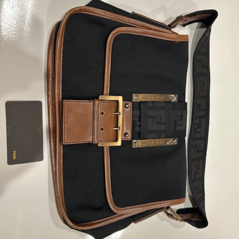 New Authentic Rare FENDI Borsa Tape Lana Buckle Black Canvas Unisex Handbag